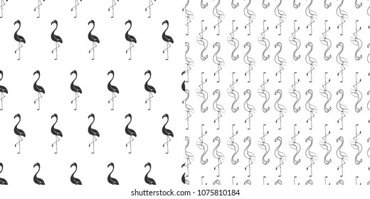 Black flamingo silhouette vector seamless pattern set on a white background for wallpaper, wrapping, packing, texture and backdrop.