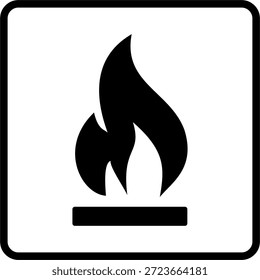 Una señal de advertencia de silueta de material inflamable negro que muestra un símbolo de llama para indicar peligro de incendio y sustancias combustibles. Diseño plano simple, aislado en un fondo blanco. Vector editable adecuado para señalización de seguridad, advertencias industriales, etiquetas de materiales peligrosos, embalaje y uso de impresión.