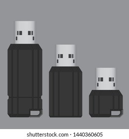 Black Flash Drive (USB) with 3 size versions.