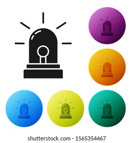 Black Flasher siren icon isolated on white background. Emergency flashing siren. Set icons colorful circle buttons. Vector Illustration