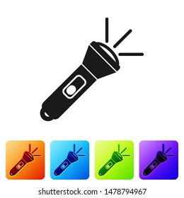 Black Flashlight icon isolated on white background. Set icons in color square buttons. Vector Illustration
