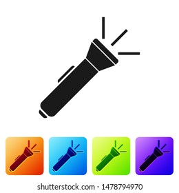 Black Flashlight icon isolated on white background. Set icons in color square buttons. Vector Illustration