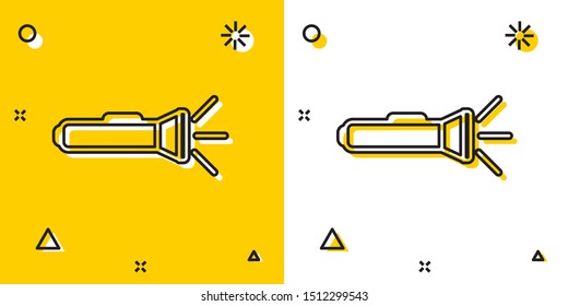 Black Flashlight icon isolated on yellow and white background. Random dynamic shapes. Vector Illustration