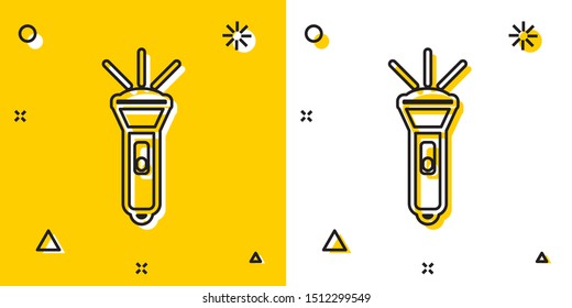 Black Flashlight icon isolated on yellow and white background. Random dynamic shapes. Vector Illustration