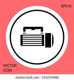 Black Flashlight icon isolated on red background. Tourist flashlight handle. White circle button. Vector Illustration