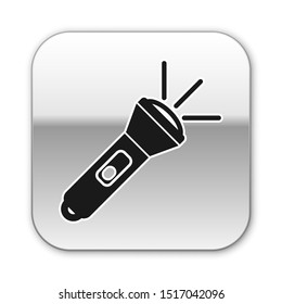 Black Flashlight icon isolated on white background. Silver square button. Vector Illustration