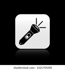Black Flashlight icon isolated on black background. Silver square button. Vector Illustration