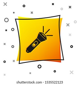 Black Flashlight icon isolated on white background. Yellow square button. Vector Illustration