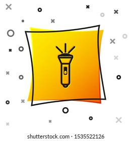 Black Flashlight icon isolated on white background. Yellow square button. Vector Illustration