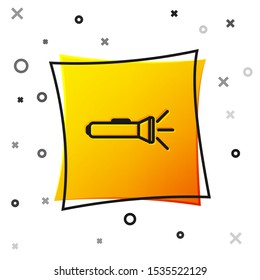 Black Flashlight icon isolated on white background. Yellow square button. Vector Illustration