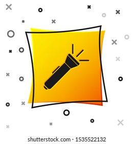 Black Flashlight icon isolated on white background. Yellow square button. Vector Illustration