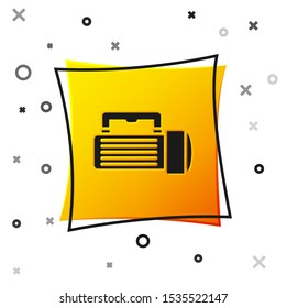 Black Flashlight icon isolated on white background. Tourist flashlight handle. Yellow square button. Vector Illustration