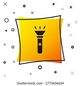 Black Flashlight icon isolated on white background. Yellow square button. Vector