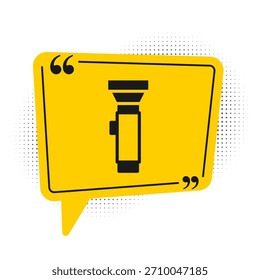 Black Flashlight icon isolated on white background. Yellow speech bubble symbol. Vector