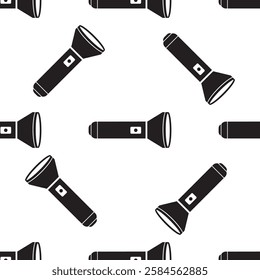 Black flashlight icon seamless pattern. Texture with handle pocket torch isolated on white background. Wallpaper template. flat vector illustration