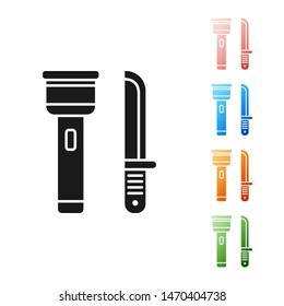 Black Flashlight and knife icon isolated on white background. Set icons colorful. Vector Illustration