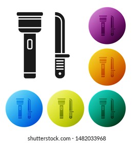 Black Flashlight and knife icon isolated on white background. Set icons colorful circle buttons. Vector Illustration