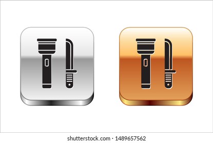 Black Flashlight and knife icon isolated on white background. Silver-gold square button. Vector Illustration