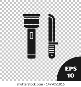 Black Flashlight and knife icon isolated on transparent background.  Vector Illustration