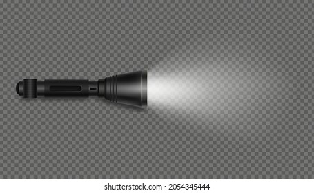 Black flashlight with light on isolated template. Realistic pocket device illuminates surface with beam glowing vector banner