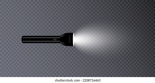 Black flashlight with light on a transparent background.