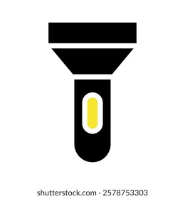 A black flashlight with a yellow button on a white background