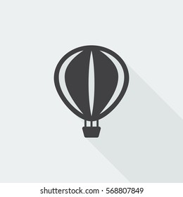 Black flat Air Balloon icon with long shadow on white background