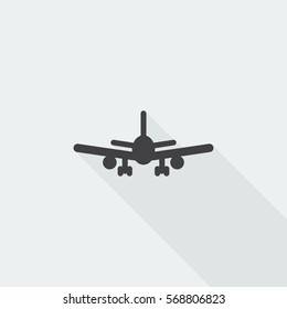 Black flat Airplane icon with long shadow on white background
