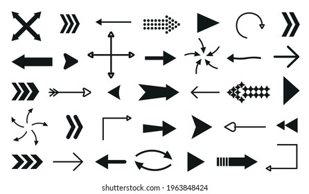 Black flat arrow icons set isolated on white background. Different shape pointer collection. Simple cursor symbol for graphic design, mobile apps, web interface. Up, down, left, right direction sign