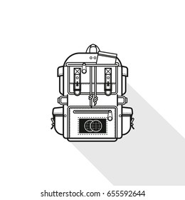 Black flat Backpack and axe icon with long shadow on white background. Vector illustration