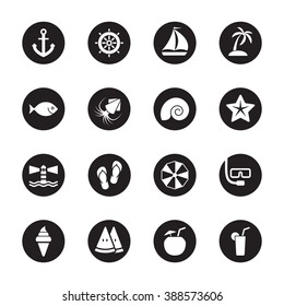 black flat beach and summer icon set on circle for web design, user interface (UI), infographic and mobile application (apps)