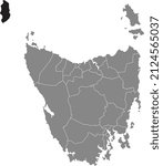 Black flat blank highlighted location map of the KING ISLAND AREA inside gray administrative map of areas of the Australian state of Tasmania, Australia