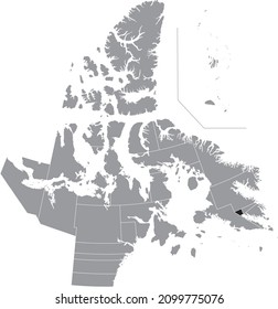 Black flat blank highlighted location map of the IQALUIT-MANIRAJAK District inside gray administrative map of the territorial electoral districts of Canadian territory of Nunavut, Canada