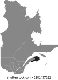 Black flat blank highlighted location map of the GASPESIE–ÎLES-DE-LA-MADELEINE Region inside gray administrative map of the Canadian province of Quebec, Canada