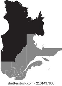 Mapa de ubicación resaltado en blanco plano negro de la región NORD-DU-QUEBEC dentro del mapa administrativo gris de la provincia canadiense de Quebec, Canadá