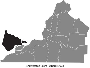 Black flat blank highlighted location map of the VAUDREUIL-SOULANGES Regional County Municipality inside gray administrative map of Montérégie, Quebec, Canada
