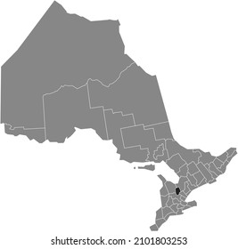 Mapa de ubicación resaltado en blanco y negro del CONDADO DUFFERIN dentro del mapa administrativo gris de la provincia canadiense de Ontario, Canadá