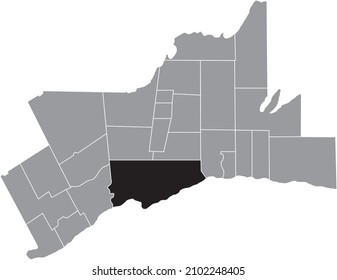 Black flat blank highlighted location map of the TORONTO MUNICIPALITY inside gray administrative map of Greater Toronto Area