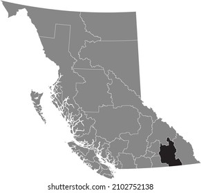 Black flat blank highlighted location map of the CENTRAL KOOTENAY regional district inside gray administrative map of the Canadian province of British Columbia, Canada