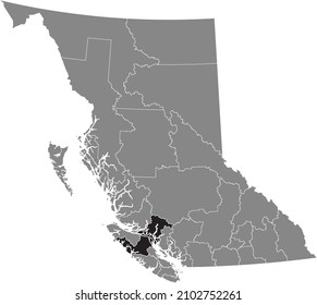 Black flat blank highlighted location map of the STRATHCONA regional district inside gray administrative map of the Canadian province of British Columbia, Canada