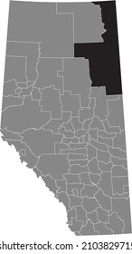 Black flat blank highlighted location map of the WOOD BUFFALO regional specialized municipality inside gray administrative map of the Canadian province of Alberta, Canada