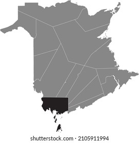 Mapa de ubicación resaltado en blanco y negro del CONDADO CHARLOTTE dentro del mapa administrativo gris de los condados del territorio canadiense de New Brunswick, Canadá