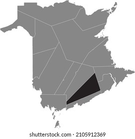 Black flat blank highlighted location map of the KINGS COUNTY inside gray administrative map of counties of Canadian territory of New Brunswick, Canada