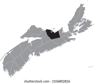 Black flat blank highlighted location map of the PICTOU COUNTY inside gray administrative map of counties of Canadian province of Nova Scotia, Canada