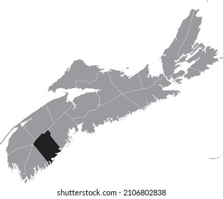 Black flat blank highlighted location map of the QUEENS COUNTY inside gray administrative map of counties of Canadian province of Nova Scotia, Canada