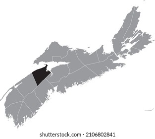 Black flat blank highlighted location map of the KINGS COUNTY inside gray administrative map of counties of Canadian province of Nova Scotia, Canada