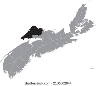 Black flat blank highlighted location map of the CUMBERLAND COUNTY inside gray administrative map of counties of Canadian province of Nova Scotia, Canada