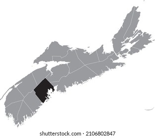 Black flat blank highlighted location map of the LUNENBURG COUNTY inside gray administrative map of counties of Canadian province of Nova Scotia, Canada