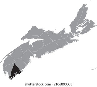 Black flat blank highlighted location map of the SHELBURNE COUNTY inside gray administrative map of counties of Canadian province of Nova Scotia, Canada