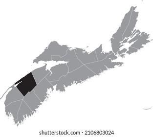 Black flat blank highlighted location map of the ANNAPOLIS COUNTY inside gray administrative map of counties of Canadian province of Nova Scotia, Canada